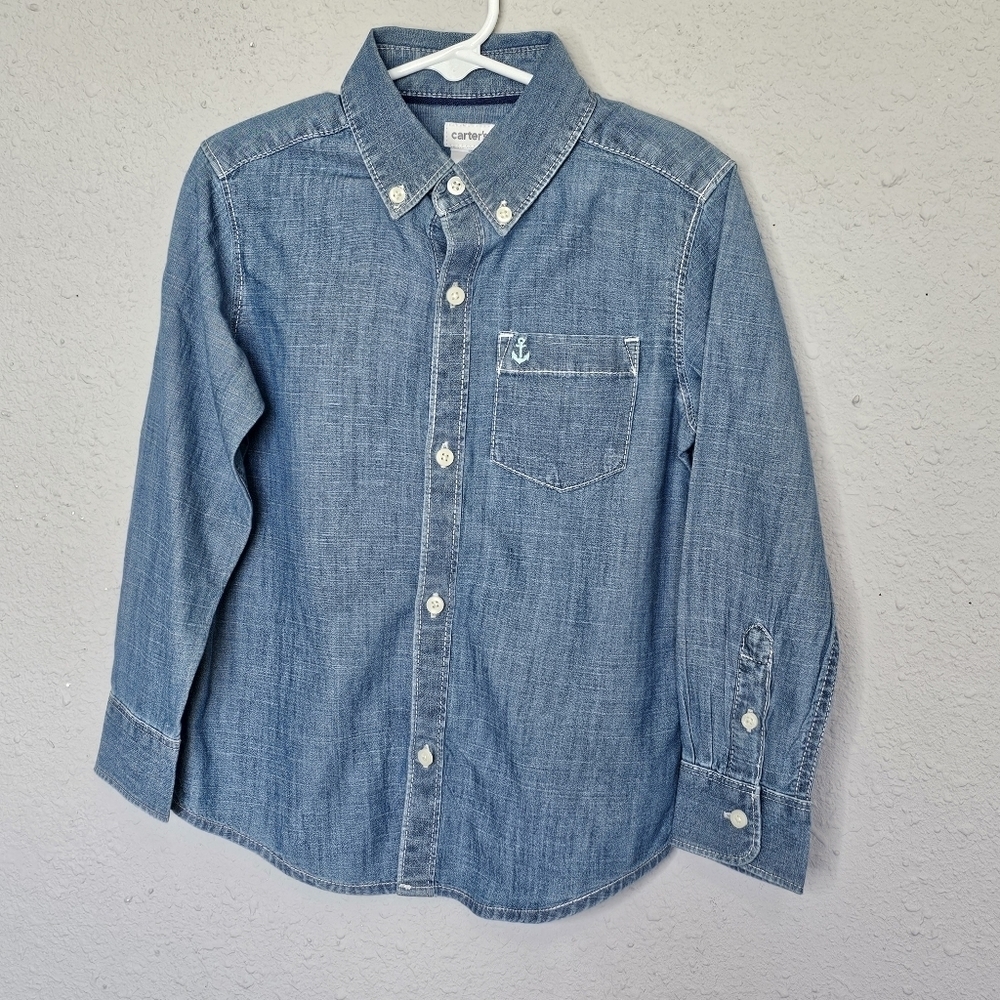 Carters Nautical Anchor Embroidered Blue Button Long Sleeve Shirt‎ Size 4T